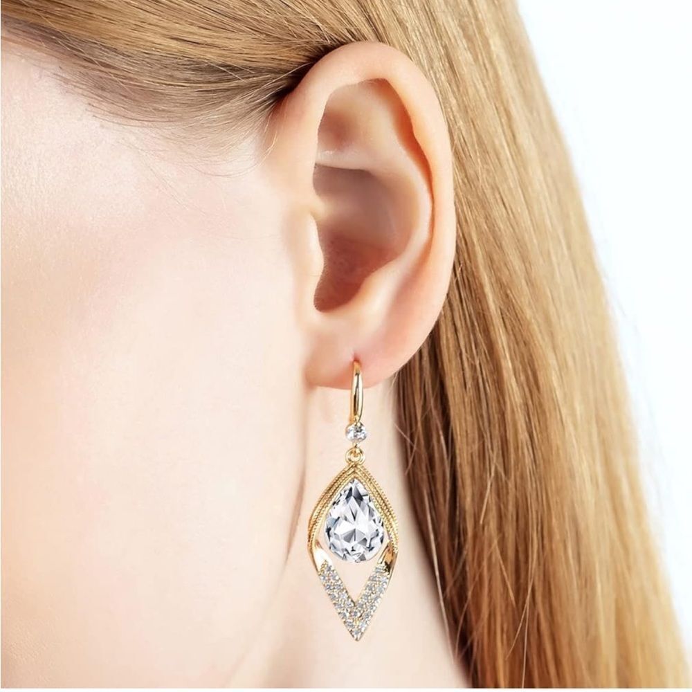 14K Yellow Gold with White Diamond Austrian Crystal Halo Leaf Teardrop Earrings - Picture 5 of 7